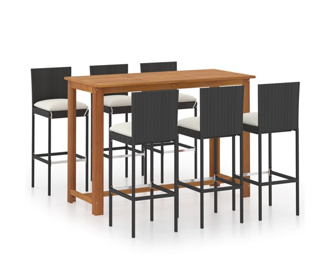 Conforama Conjunto de bar para jardín 7 piezas con cojines negro