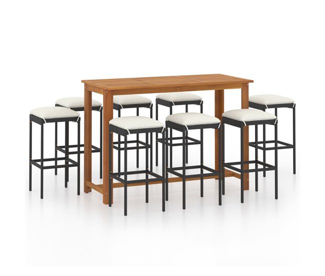 Conforama Conjunto de bar para jardín 9 piezas con cojines negro