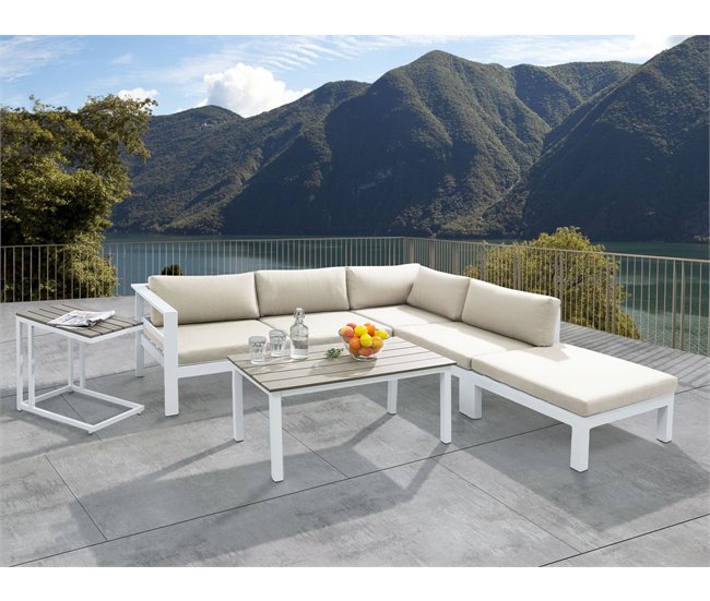 Conforama Conjunto De Jardín 5 Plazas De Metal Blanco/madera Clara/beige MESSINA
