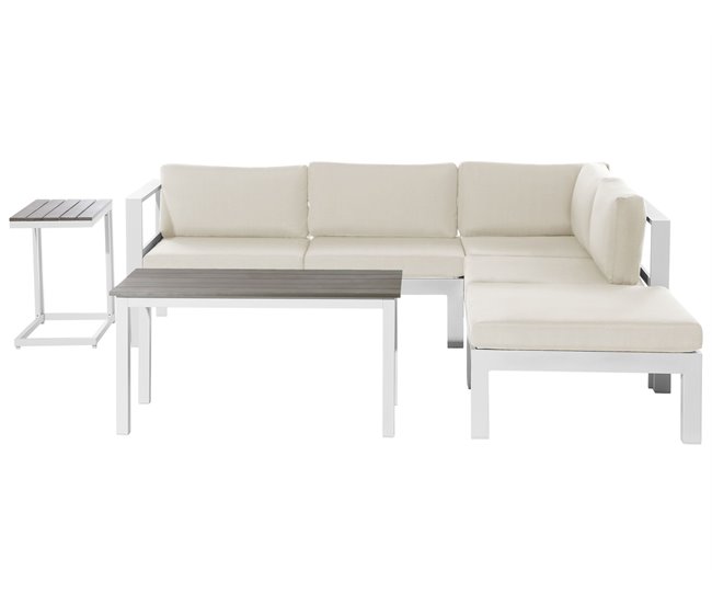 Conforama Conjunto de jardín 5 plazas de metal blanco/madera clara/beige MESSINA