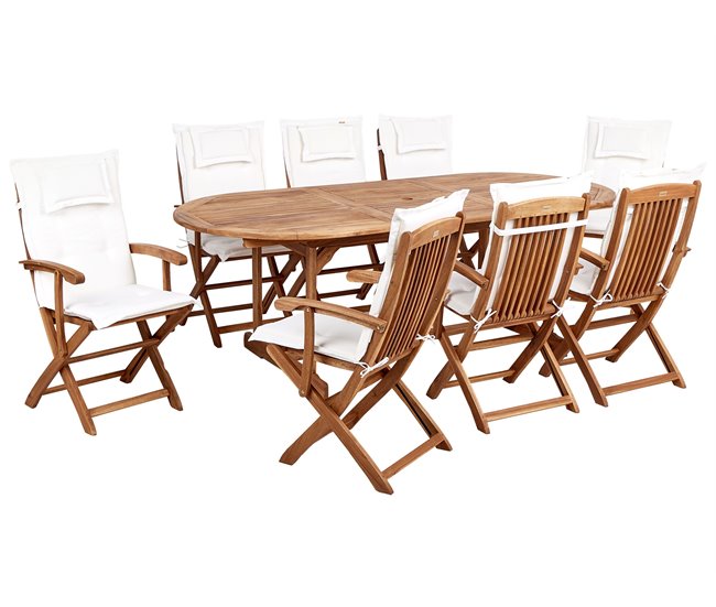 Conforama Conjunto de jardín 8 plazas de madera de acacia con cojines blanco crema MAUI II