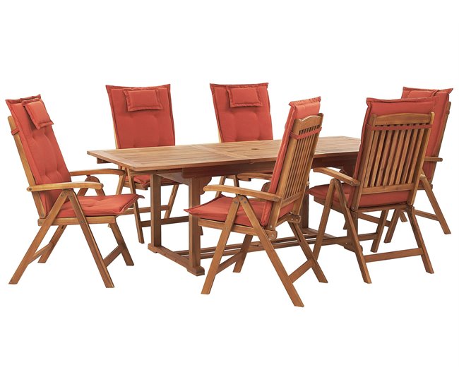 Conforama Conjunto de jardín de madera de acacia con 6 sillas y cojines terracota JAVA