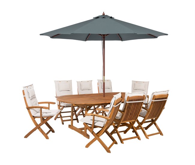 Conforama Conjunto de jardín de madera de acacia con cojines beige con sombrilla MAUI