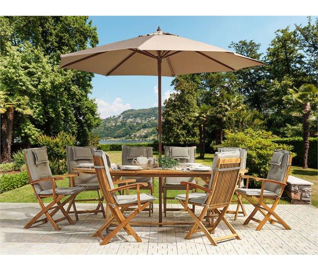 Conforama Conjunto De Jardín De Madera De Acacia Mesa Y 8 Sillas Con Cojines Gris/beige Y Sombrilla Beige MAUI
