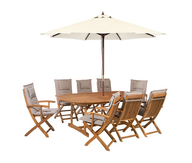 Conforama Conjunto de jardín de madera de acacia mesa y 8 sillas con cojines gris/beige y sombrilla beige MAUI