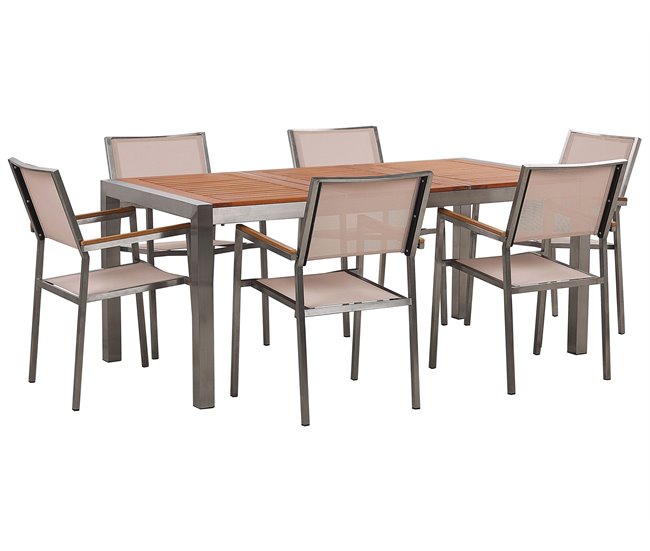Conforama Conjunto de jardín mesa con tablero de madera 180x90 6 sillas beige GROSSETO