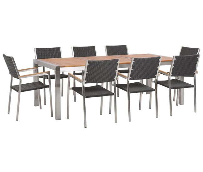 Conforama Conjunto De Jardín Mesa Con Tablero De Madera 220 Cm Con 8 Sillas En Ratán Negro GROSSETO