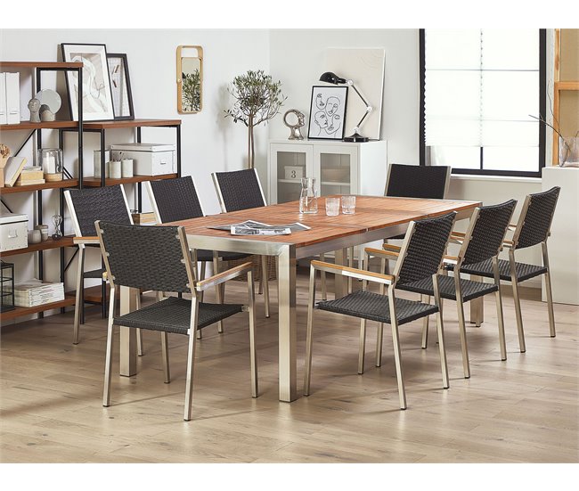 Conforama Conjunto De Jardín Mesa Con Tablero De Madera 220 Cm Con 8 Sillas En Ratán Negro GROSSETO
