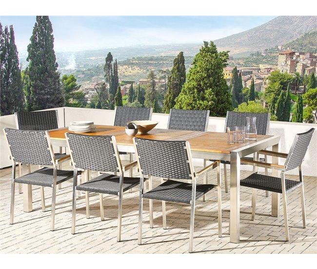 Conforama Conjunto de jardín mesa con tablero de madera 220 cm con 8 sillas en ratán negro GROSSETO