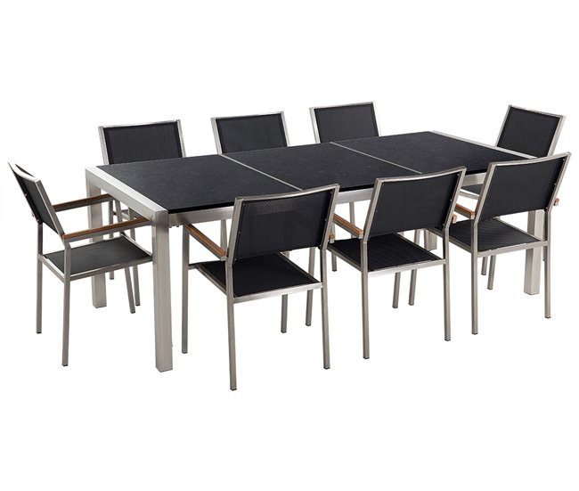 Conforama Conjunto de jardín mesa con tablero de piedra natural 220 cm 8 sillas de tela negras GROSSETO