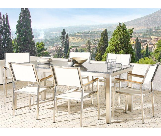 Conforama Conjunto De Jardín Mesa Con Tablero Gris De Piedra Natural 180 Cm 6 Sillas Blancas GROSSETO