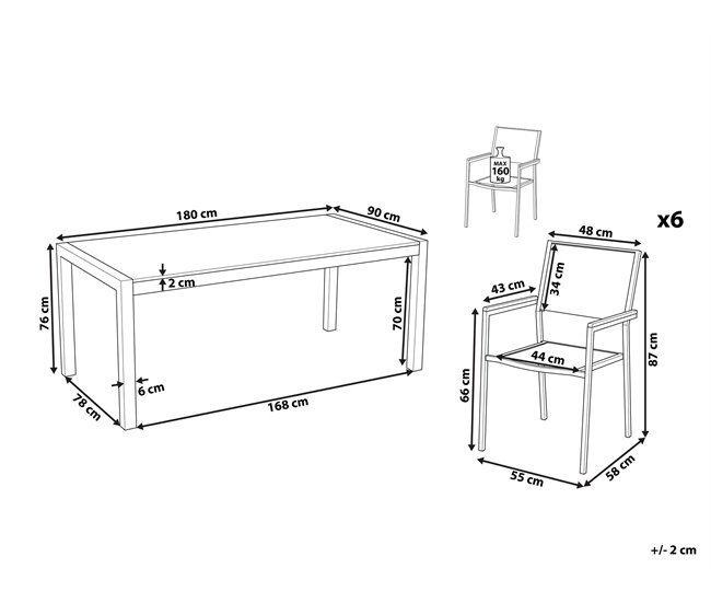 Conforama Conjunto De Jardín Mesa Con Tablero Gris De Piedra Natural 180 Cm 6 Sillas Blancas GROSSETO