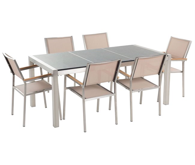 Conforama Conjunto de jardín mesa con tablero gris de piedra natural 180 cm 6 sillas beige GROSSETO