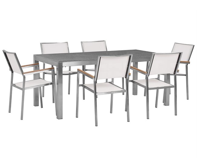 Conforama Conjunto de jardín mesa con tablero gris de piedra natural 180 cm 6 sillas blancas GROSSETO