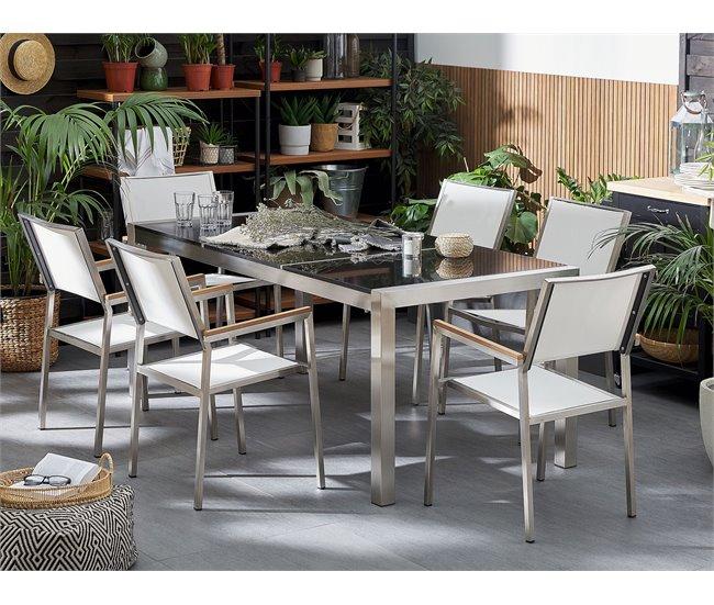 Conforama Conjunto De Jardín Mesa Con Tablero Negro De Piedra Natural 180 Cm 6 Sillas De Tela Blanca GROSSETO