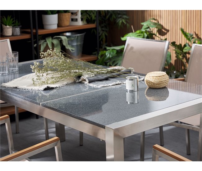 Conforama Conjunto De Jardín Mesa Con Tablero Negro De Piedra Natural 180 Cm 6 Sillas De Tela Blanca GROSSETO