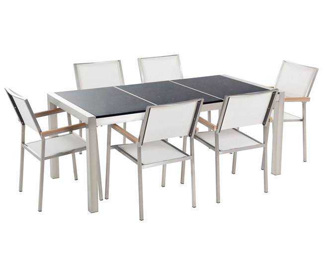 Conforama Conjunto de jardín mesa con tablero negro de piedra natural 180 cm 6 sillas de tela blanca GROSSETO
