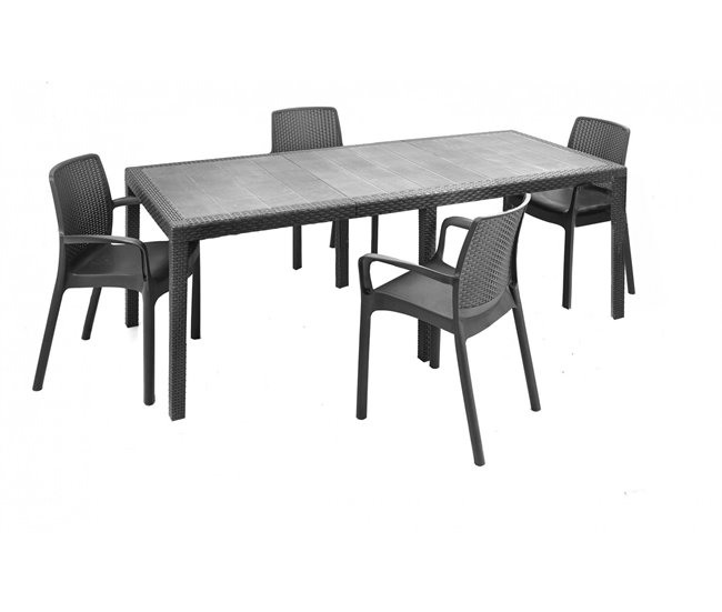 Conforama Conjunto De Mesa Y Sillas Dantonaz Estante Rectangular Extensible Para Exterior Con 4 Sillas Incluidas Mesa Y Asientos De Jardín Efecto Ratán 100% Made In Italy Antracita