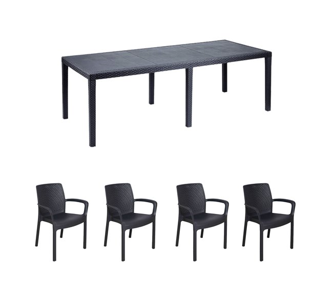 Conforama Conjunto de mesa y sillas Dantonaz Estante rectangular extensible para exterior con 4 sillas incluidas Mesa y asientos de jardín efecto ratán 100% Made in Italy Antracita