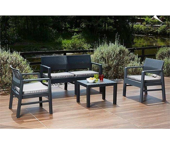 Conforama Conjunto De Salón De Exterior Dauter Composición De Jardín Con 2 Sillones 1 Sofá Y 1 Mesa De Centro Salón Efecto Ratán Con Cojines 100% Made In Italy Antracita