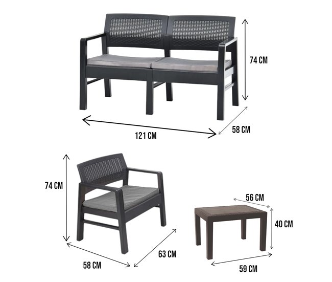 Conforama Conjunto De Salón De Exterior Dauter Composición De Jardín Con 2 Sillones 1 Sofá Y 1 Mesa De Centro Salón Efecto Ratán Con Cojines 100% Made In Italy Antracita