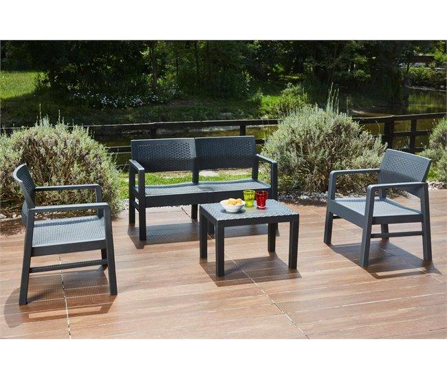 Conforama Conjunto De Salón De Exterior Dauter Composición De Jardín Con 2 Sillones 1 Sofá Y 1 Mesa De Centro Salón Efecto Ratán Con Cojines 100% Made In Italy Antracita