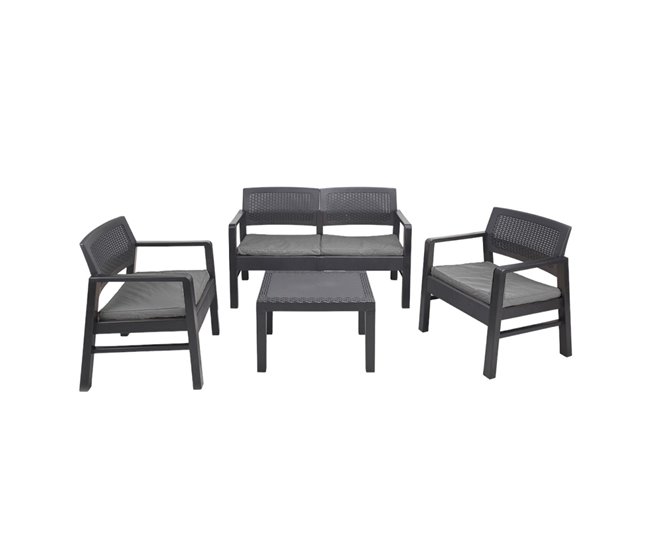 Conforama Conjunto de salón de exterior Dauter Composición de jardín con 2 sillones 1 sofá y 1 mesa de centro Salón efecto ratán con cojines 100% Made in Italy Antracita