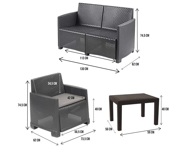 Conforama Conjunto De Salón De Exterior Dbagnolin Composición De Jardín Con 2 Sillones 1 Sofá Y 1 Mesa De Centro Efecto Ratán Con Cojines 100% Made In Italy Antracita
