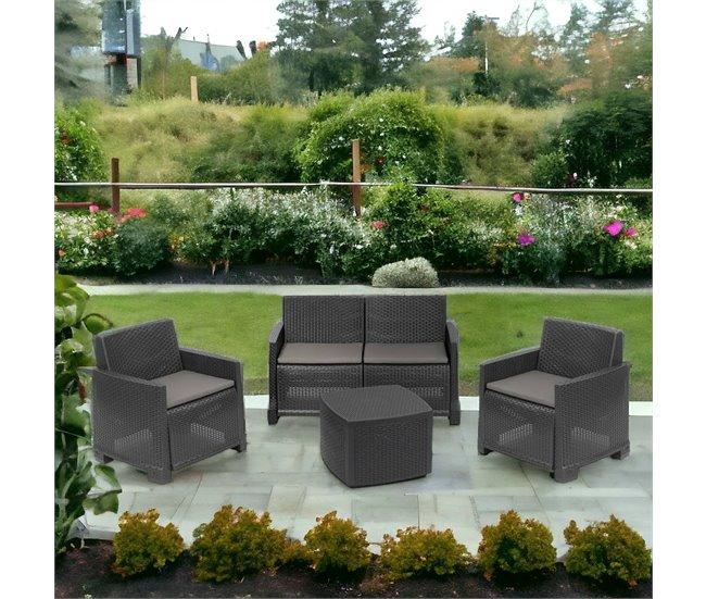 Conforama Conjunto De Salón De Exterior Dbalestrer Composición De Jardín Con 2 Sillones 1 Sofá Y 1 Mesa Contenedor Efecto Ratán Con Cojines 100% Made In Italy Antracita