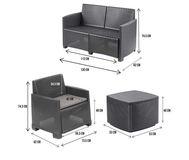 Conforama Conjunto De Salón De Exterior Dbalestrer Composición De Jardín Con 2 Sillones 1 Sofá Y 1 Mesa Contenedor Efecto Ratán Con Cojines 100% Made In Italy Antracita