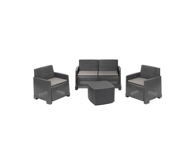 Conforama Conjunto de salón de exterior Dbalestrer Composición de jardín con 2 sillones 1 sofá y 1 mesa contenedor Efecto ratán con cojines 100% Made in Italy Antracita