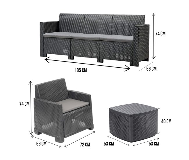 Conforama Conjunto De Salón De Exterior Dbellucc Composición De Jardín Con 2 Sillones 1 Sofá Y 1 Mesa Contenedor Efecto Rattan Con Cojines 100% Made In Italy Antracita