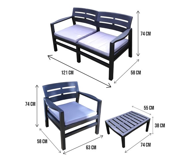 Conforama Conjunto De Salón De Exterior Dgyas Composición De Jardín Con 2 Sillones 1 Sofá Y 1 Mesa De Centro Salón Interior Y Exterior Con Cojines 100% Made In Italy Antracita