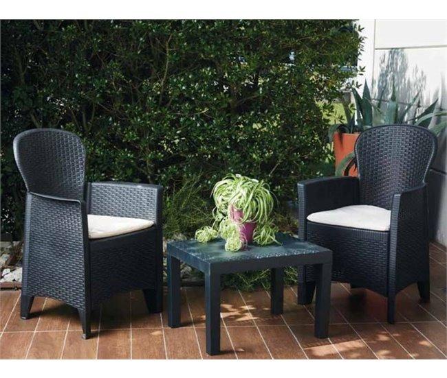 Conforama Conjunto De Salón De Exterior Dzucco Composición De Jardín Con 2 Sillones Y 1 Mesa De Centro Salón Efecto Ratán Con Cojines 100% Made In Italy Antracita