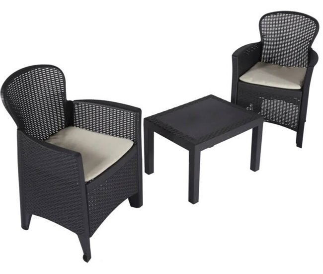 Conforama Conjunto De Salón De Exterior Dzucco Composición De Jardín Con 2 Sillones Y 1 Mesa De Centro Salón Efecto Ratán Con Cojines 100% Made In Italy Antracita