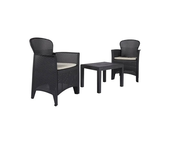 Conforama Conjunto de salón de exterior Dzucco Composición de jardín con 2 sillones y 1 mesa de centro Salón efecto ratán con cojines 100% Made in Italy Antracita