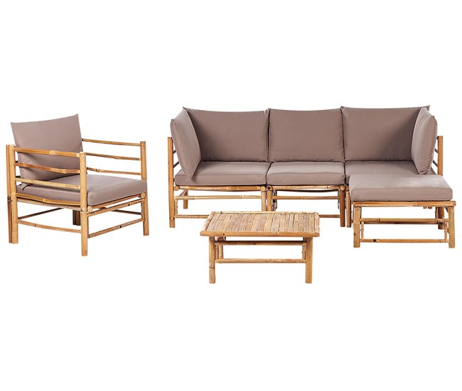 Conforama Conjunto esquinero de jardín 5 plazas con sillón de bambú gris pardo CERRETO