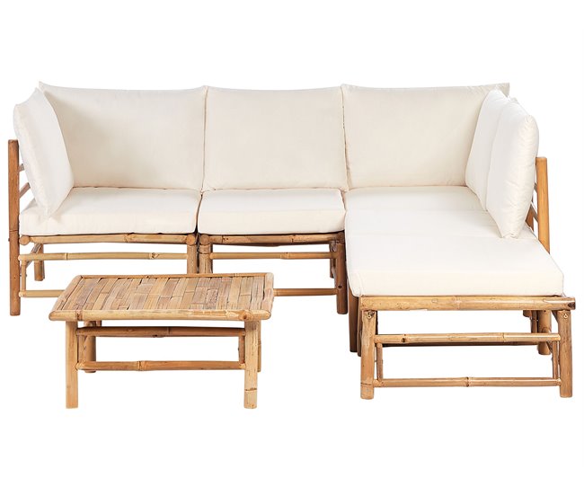 Conforama Conjunto esquinero de jardín 5 plazas de bambú blanco crema CERRETO