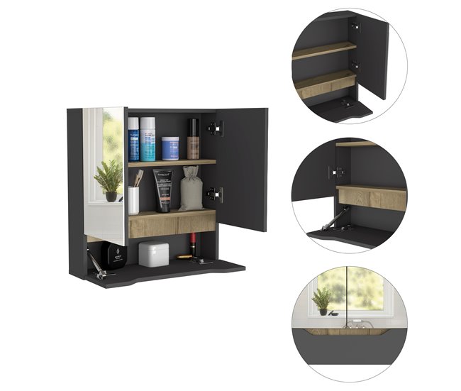 Conforama Conjunto Laurent Armario De Pared Con Espejo + Armario Colgante 62/72 Al Cm X 60/30.1 An Cm X 15/33 P Cm Plomo/Duna