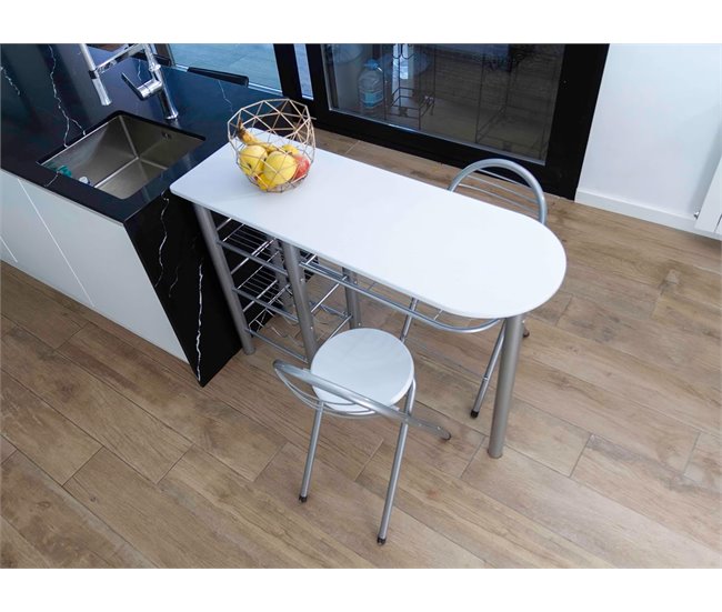 Conforama Conjunto Mesa De Cocina Bar Con Estructura Metálica Y Tabla De Madera Con 4 Estantes + 2 Taburetes Plegables Con Patas Plateadas (Blanca)