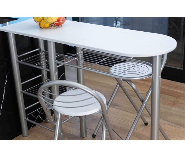 Conforama Conjunto Mesa De Cocina Bar Con Estructura Metálica Y Tabla De Madera Con 4 Estantes + 2 Taburetes Plegables Con Patas Plateadas (Blanca)