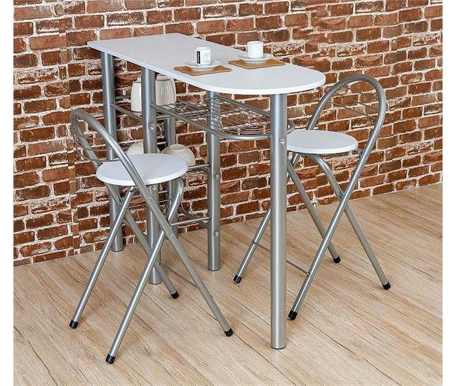 Conforama Conjunto Mesa De Cocina Bar Con Estructura Metálica Y Tabla De Madera Con 4 Estantes + 2 Taburetes Plegables Con Patas Plateadas (Blanca)