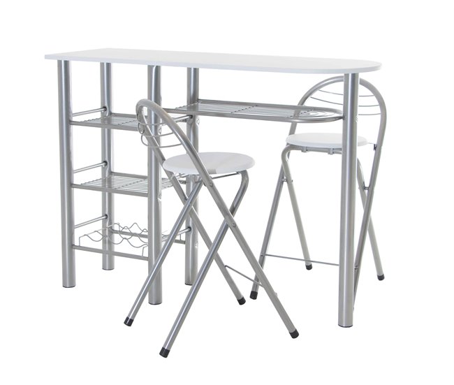 Conforama Conjunto Mesa de Cocina Bar con Estructura metálica y Tabla de Madera con 4 estantes + 2 Taburetes Plegables con Patas Plateadas (Blanca)