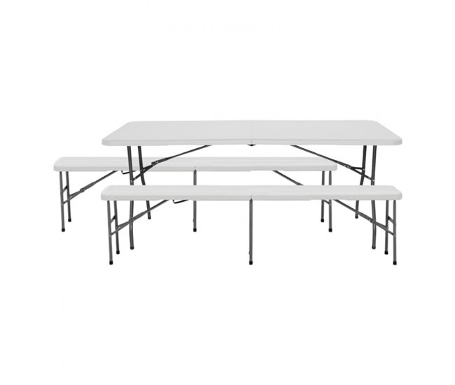 Conforama Conjunto Plegable Mesa con 2 Bancos de 180cm Blanco Catering Thinia Home