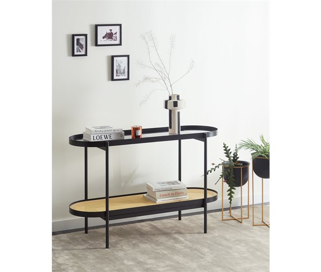 Conforama Consola Con Tablero De Vidrio Madera Clara Con Negro RENO