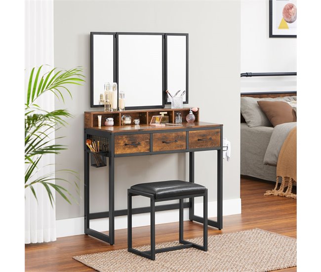 Conforama Consola De Maquillaje Con Espejo Almacenamiento Y Taburete - L90 Cm