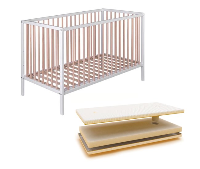 Conforama Cuna bebé Laponia con somier de láminas de haya + Colchón Ternum + 4 ruedas