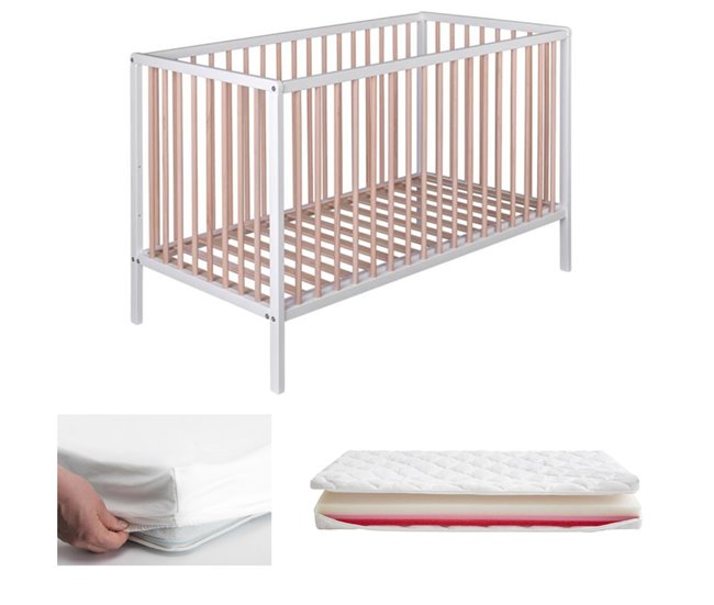 Conforama Cuna bebé Laponia con somier de láminas de haya + Colchón Helios + protector colchón + 4 ruedas