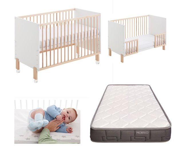 Conforama Cuna colecho Umami 120x60 + kit colecho + colchón HR + barandillas para convertir la cuna en cama + 4 ruedas