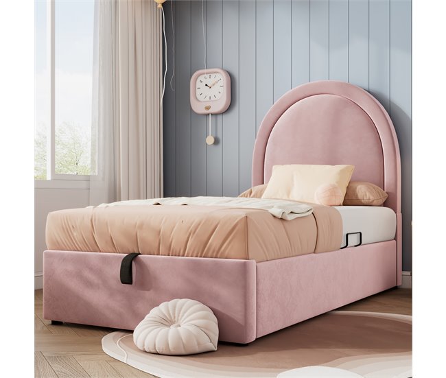 Conforama Cuna Tapizada De Terciopelo - 90x190 Cm - Con Almacenaje - Rosa